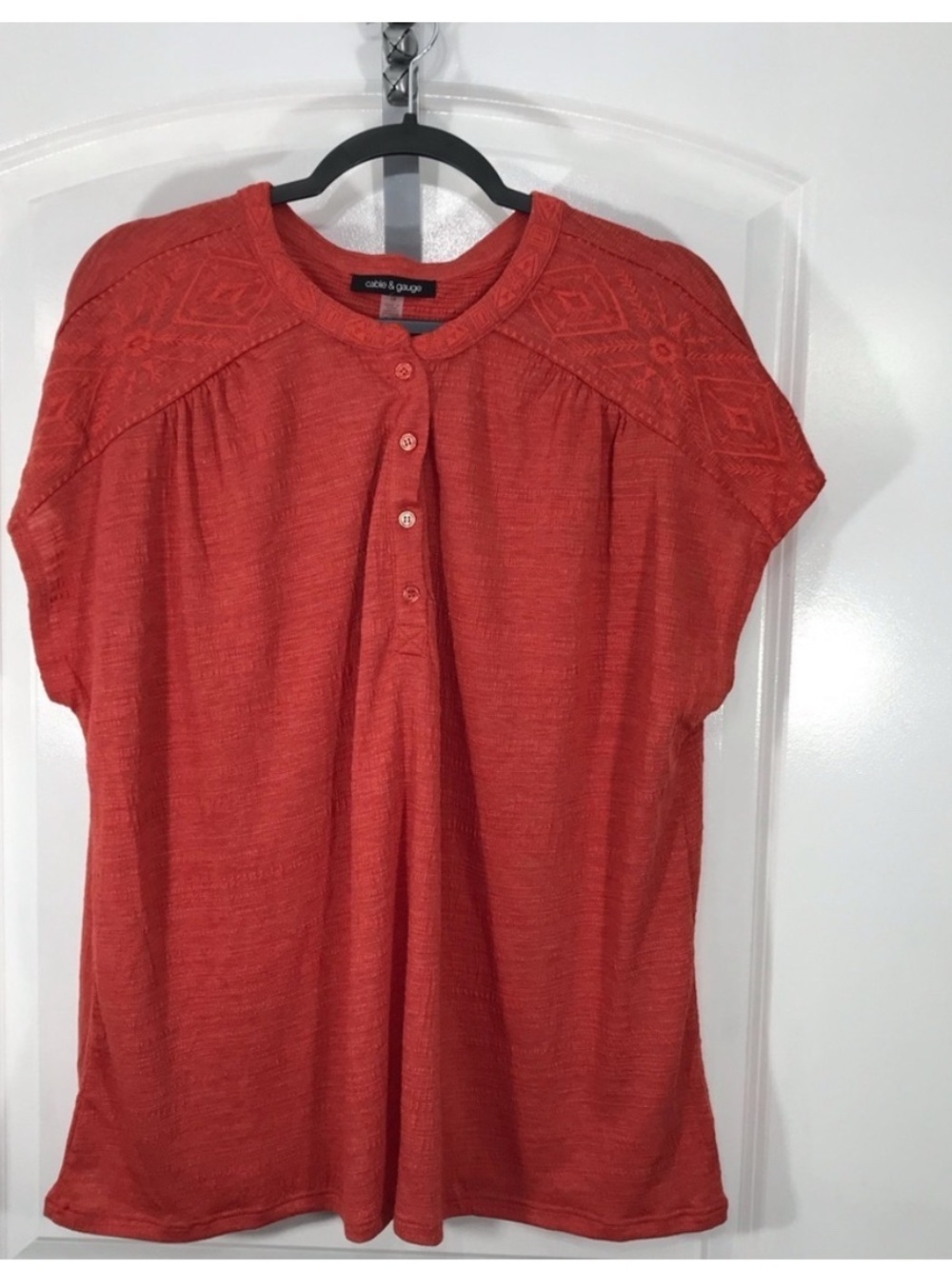 Cable & Gauge Coral Crochet-Yoke Buttoned Short Sleeve Top